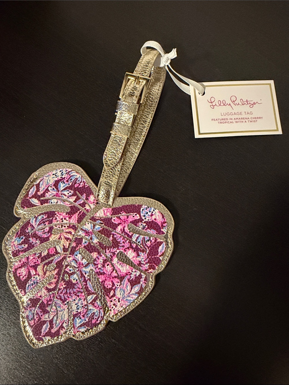 Lilly Pulitzer Metallic Gold Strap Pink Floral Leaf Luggage Tag